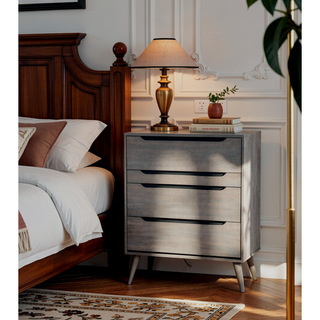 Sunvega Mid-Century Modern Black Chest with 4 Recessed Handle Drawers and Tapered Legs