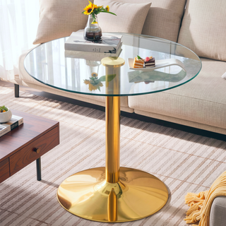 Sunvega 35 Inch Round Tempered Glass Dining Table with Silver Metal Legs