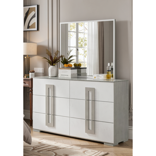 Sunvega Modern White Dresser with Metallic Accents and Six Spacious Drawers