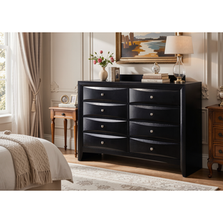 Sunvega Black Finish Contemporary 8 Drawer Dresser with Solid Wood Veneer