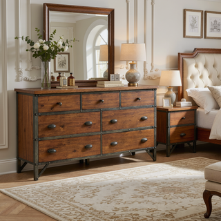 Sunvega 7-Drawer Dresser in Rustic Brown and Gunmetal Finish Wooden Furniture