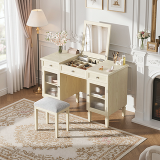 Sunvega White Oak Vanity Desk with Flip-Top Mirror and Stool for Dressing Room