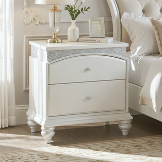 Sunvega Platinum Finish Nightstand with Spacious Drawers and Rhinestone Inlays