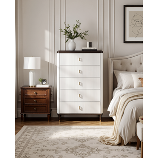 Sunvega White and Walnut Finish Nightstand with USB Port and Drawer