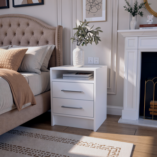 Sunvega White Modern Bedside Table with Spacious Drawers and Open Shelf