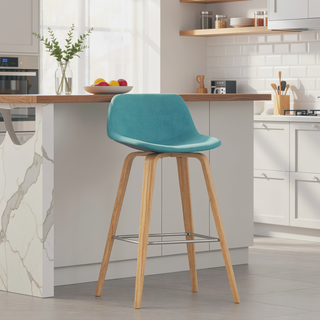 Sunvega Mid-Century Modern Bentwood Bar Stools with Aqua Blue Fabric and Chrome Footrest