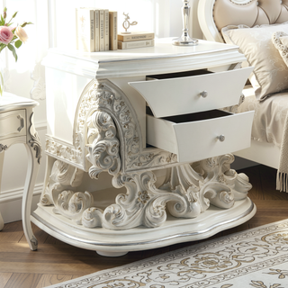 Sunvega Antique White Finish Nightstand with 2 Scrolled Floral Storage Drawers