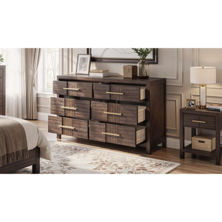 Sunvega Modern Walnut 6-Drawer Dresser with Gold Handles for Bedroom Storage