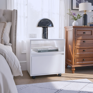 Sunvega White Nightstand with One Open Shelf and Spacious Drawer on Casters