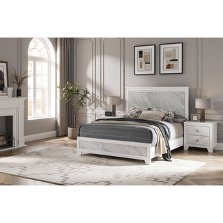 Sunvega White Rubberwood Nightstand with Faux Marble Inset and Black Bar Pulls
