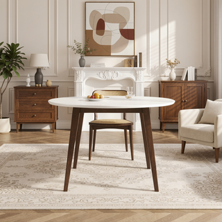 Sunvega Mid-Century Modern Round Dining Table in White Solid Wood for Kitchen