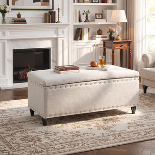 Sunvega Dark Brown Birch Legs Storage Ottoman with Light Assembly Required
