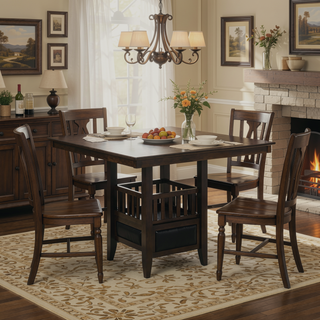 Sunvega Espresso Square Counter Height Table with Storage Pedestal and Stemware Rack