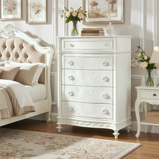 Sunvega Ivory Floral Embroidered 5-Drawer Chest with Wooden Bun Legs
