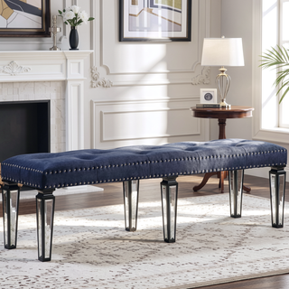 Sunvega Dark Navy Velvet Tufted Bench with Padded Apron and Mirrored Legs