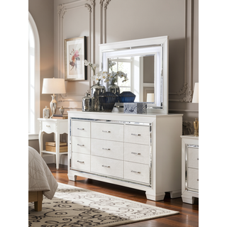 Sunvega Silver Faux Alligator Embossed Nightstand with 2 Dovetail Drawers and LED Lighting