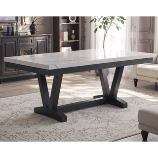 Sunvega Modern Dining Table with White Faux Marble Top and Black Trestle Base