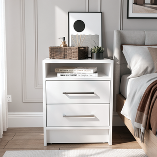 Sunvega White Modern Nightstand with Two Drawers and Shelf for Bedroom
