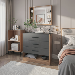 Sunvega Matt Grey and Macadamia Dresser with Three Spacious Drawers and Open Shelf