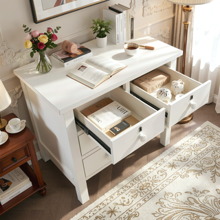Sunvega Antique White Nightstand with 4 Drawers and Faux Keyhole Accents