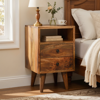 Sunvega Mini Classic Oak-ish Nightstand with Two Drawers and Nordic Legs