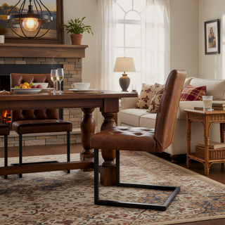 Sunvega Vintage Brown Tech Fabric Dining Chairs with Ergonomic Backrest and Industrial Metal Legs