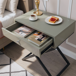 Sunvega Koda Taupe Wooden End Side Table with Glass Top and Drawer