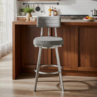 Sunvega Swivel Bar Stool with Gray Faux Leather Upholstery and Brushed Stainless Steel