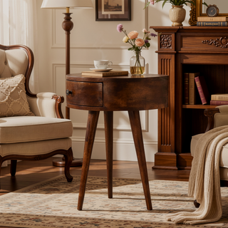 Sunvega Solid Mango Wood Chestnut Finish Semi Circle Nightstand with Drawer