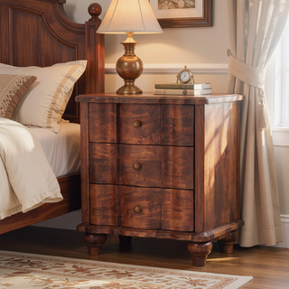 Sunvega Handcrafted Solid Mango Wood Valencia Bedside with 3 Drawers in Warm Roasted Almond Tone