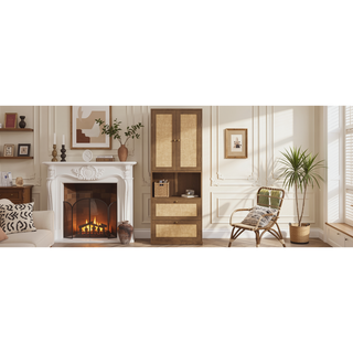 Sunvega Walnut Side Cabinet with Rattan Doors USB Port and 3 Drawers Storage Shelves