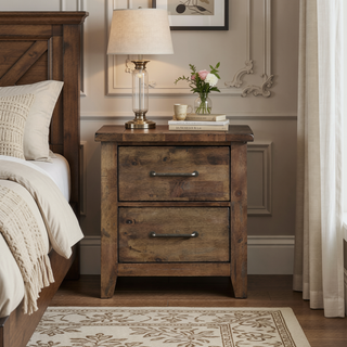 Sunvega Solid Rubberwood Nightstand with Burnished Brown Finish and 2 Dovetail Drawers