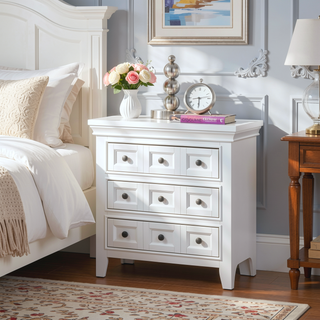 Sunvega Transitional Style Solid Wood Nightstand with Round Knobs and 3 Drawers