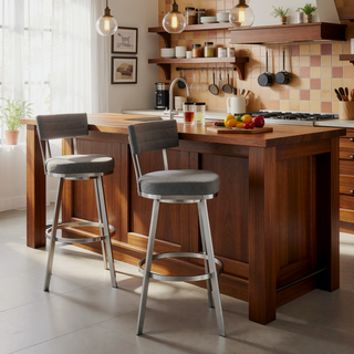 Sunvega 30 Inch Swivel Bar Stool with Gray Faux Leather Upholstery and Brushed Stainless Steel