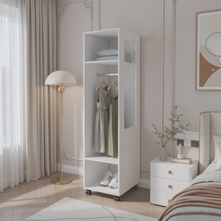 Sunvega Benson Wardrobe with Mirror and Open Storage on Wheels for Bedroom