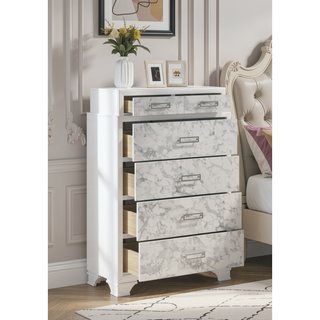 Sunvega Modern White Chest with Marble Accent Drawers and Silver Handles for Bedroom