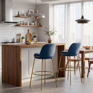 Sunvega Gold-Plated Metal Frame Blue Upholstered Low-Profile Backrest Barstools Set of 2