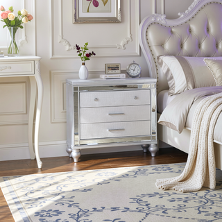 Sunvega Mirror Accented Modern Style Nightstand with Three Spacious Drawers in Silver