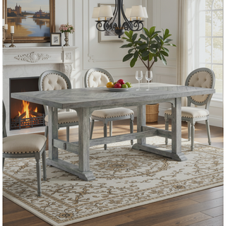 Sunvega Gray Dining Table with Diamond Inlay and Double Trestle Base for Six