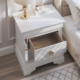 Sunvega Fully Assembled Pearl White Nightstand with Gold Handles and Faux Crystal