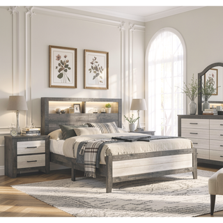 Sunvega Farmhouse Style Nightstand with Two-Tone Finish and Two Drawers