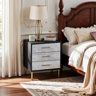 Sunvega Black Silver Gold 3-Drawer Nightstand with Metal Legs and Decorative Patterns