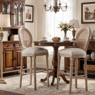 Sunvega French Style Solid Wood Frame Linen Fabric Oval Back Dining Chairs Set of 2