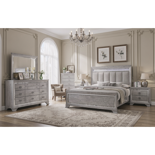 Sunvega Light Gray Finish Contemporary Nightstand with Two Drawers and Bevel Mirror Accents