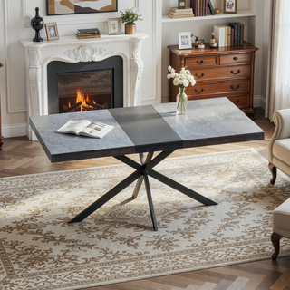 Sunvega Antique Wood Top Rectangular Stretch Dining Table with Storage Box and Black Iron Base