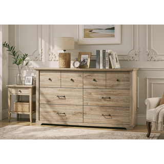 Sunvega Light Oak Finish 6-Drawer Dresser with Black Metal Handles