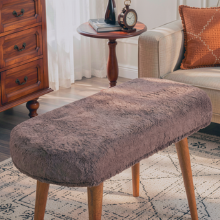 Sunvega Solid Mango Wood Bench with Soft Mocha Faux Fur Upholstery and Nordic Legs