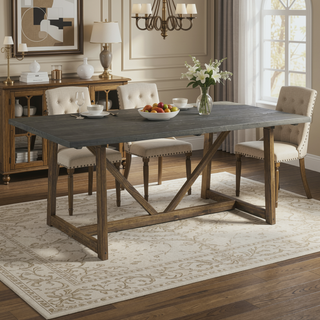 Sunvega Modern Farmhouse Solid Wood Trestle Dining Table in Grey Brown