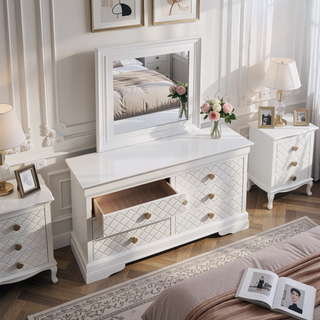 Sunvega Fully Assembled Pearl White Nightstand with Gold Handles and Faux Crystal