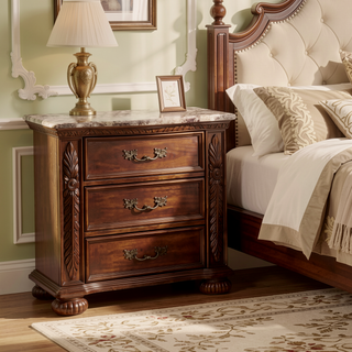 Sunvega Traditional Hand Carved Cherry Nightstand with 3 Drawers and Faux Marble Top
